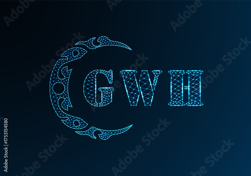 Low poly letter logo GWH design. GWH letter logo low poly vector design on blue color gradient background. GWH logo low poly design