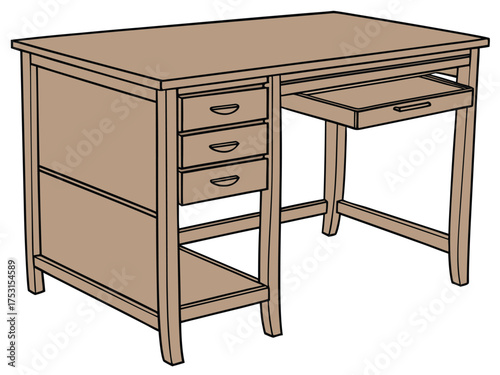 A vector illustration of a simple wooden office desk with a classic design. A light brown or tan wood color. A stack of three drawers on the left side. An open space for a chair.