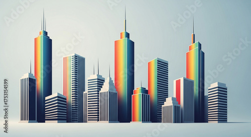 A modern skyline featuring various buildings with rainbow accents, set against a neutral background