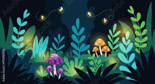 Enchanted Forest Night Scene with Glowing Mushrooms and Fireflies.