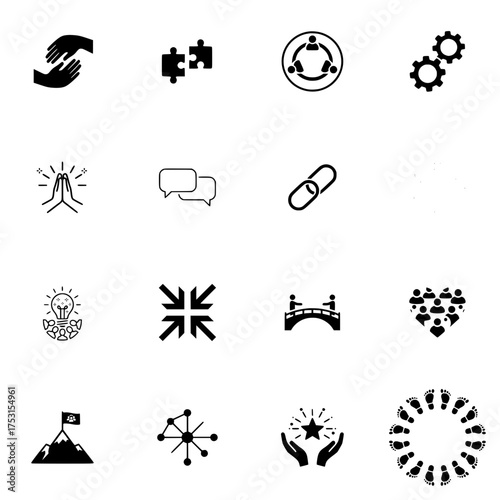 Teamwork, Connection, and Community Icons Set - Collaboration, Partnership, Network, and Solution Symbols