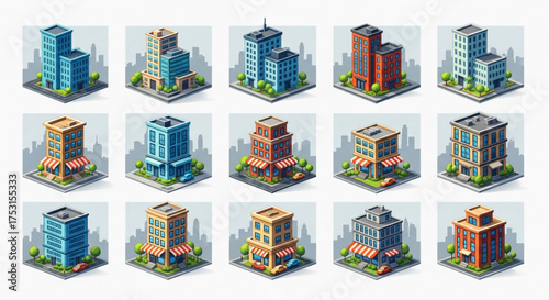 Isometric city buildings, showcasing a variety of architectural styles and urban designs in a miniature perspective