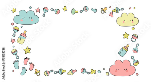 Baby Shower Frame with Pastel Clouds & Rattles