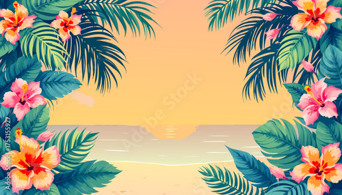 Tropical Sunset Beach: Hibiscus & Palm Leaves