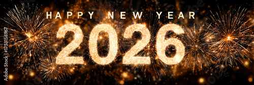 Fireworks display celebrating New Year 2026 with bright colors and festive atmosphere. The year is prominently displayed in golden numbers.
