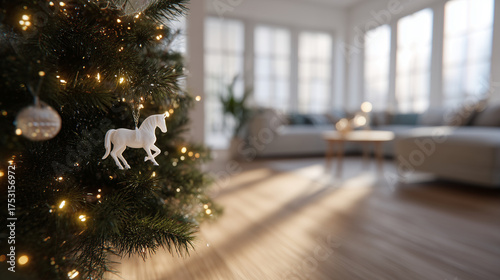 Cozy living room scene with a decorated Christmas tree in soft focus, featuring a white horse ornament and warm bokeh lights, capturing holiday atmosphere and home comfort.