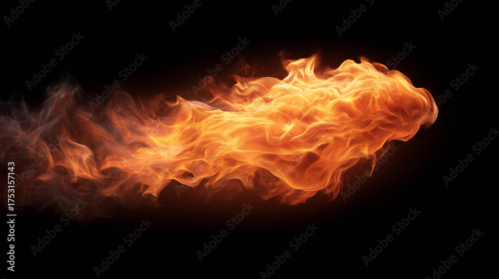 Fototapeta premium Bright flames swirl and flicker against a black background, showcasing dynamic movement and a range of orange and yellow hues. The intensity of the fire captures attention with its radiant glow