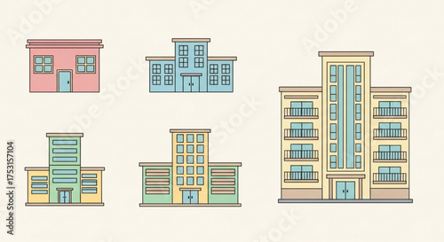 A collection of five different building designs, each with its own unique style and color scheme