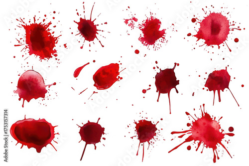 Collection of red blood splatters and drops on black background stain