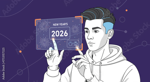 Man interacts with holographic display showing new year's date 2026 in futuristic setting, anticipating future celebrations with technology.