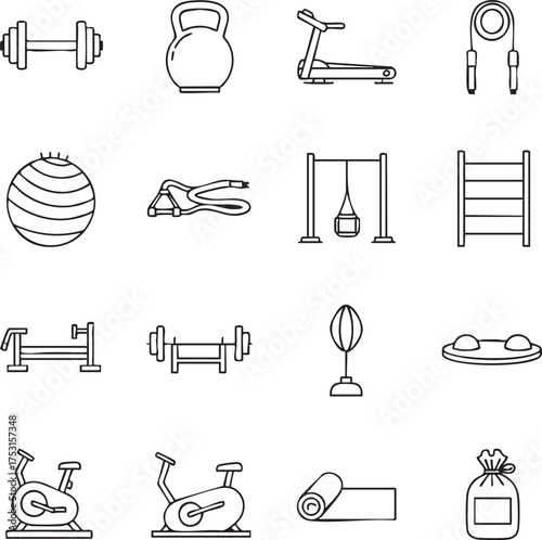 Collection of hand drawn fitness equipment icons for exercise and training