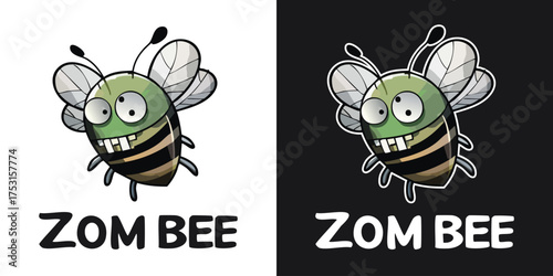 A humorous cartoon-style zombie bee character for a T-shirt design, featuring a round green