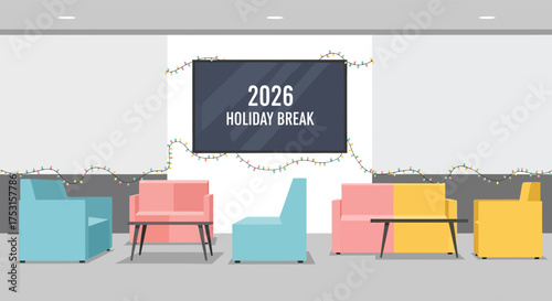 Colorful armchairs arranged in modern office lounge area for holiday break in 2026, creating a festive and relaxing atmosphere.