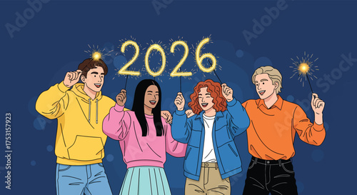 Group of friends celebrating new year 2026 with sparklers against dark blue background, radiating joy and anticipation for the future.