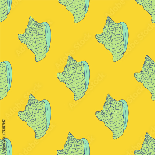 Pastel conch shells coastal seamless pattern on yellow background. Hand drawn mollusk repeat wallpaper