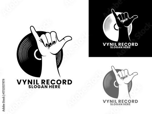 Music logo design. Black disc combination with hand logo design vector template