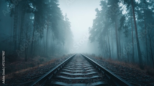 Fototapeta Naklejka Na Ścianę i Meble -  Misty forest train tracks