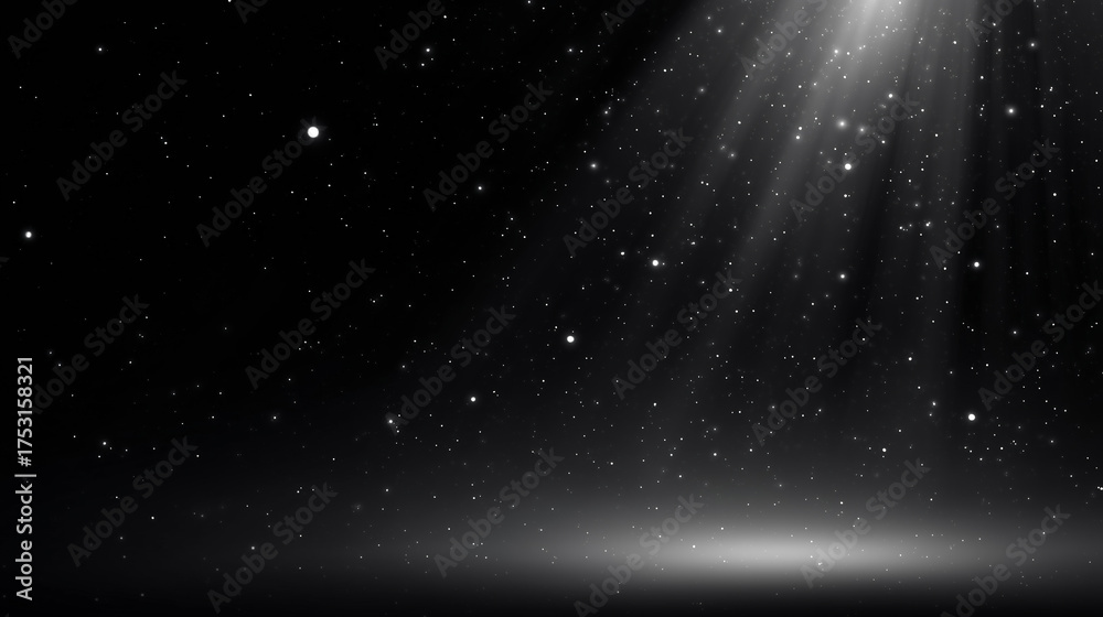 Obraz premium A stunning view of a starry night sky filled with twinkling stars and luminous rays of light breaking through darkness, creating an enchanting atmosphere during late hours