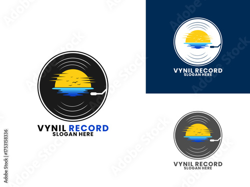 Sun Music studio logo. Black disc with sunset and sea logo design vector template