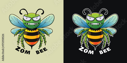 A humorous cartoon-style zombie bee character for a T-shirt design, featuring a round green