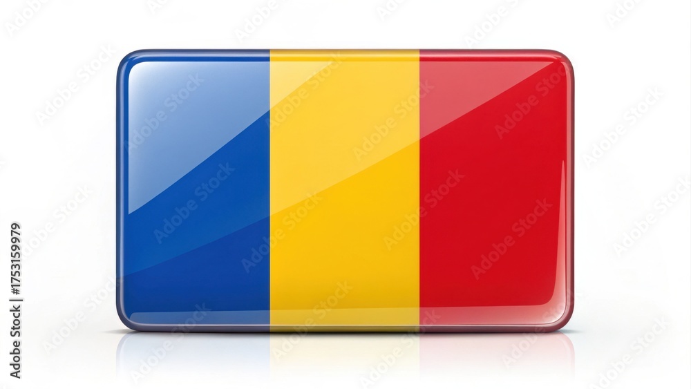 Fototapeta premium Shiny rectangular flag button of Romania with blue, yellow, and red.