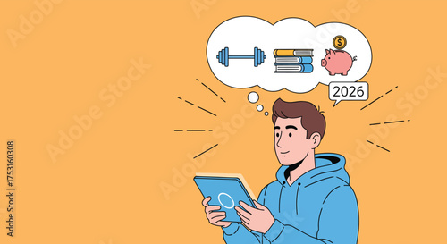 Young man planning his goals for 2026 using a tablet, visualizing fitness, education, and financial savings with a hopeful and determined attitude.