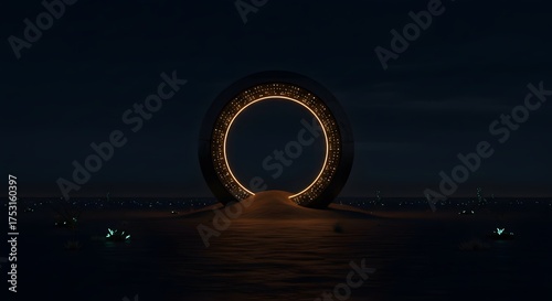 A futuristic circular monument shaped like dunes