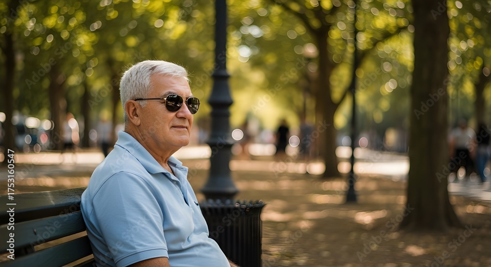 Fototapeta premium Hombre mayor con gafas de sol sentado en un banco del parque