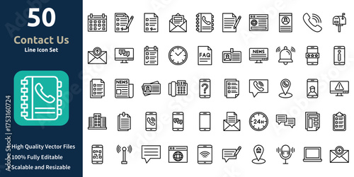 Contact us icon set in Outline style. Minimilist and trendy Icon set. Containing Icons,Schedule,Signature,Contract form,Email,and so on.