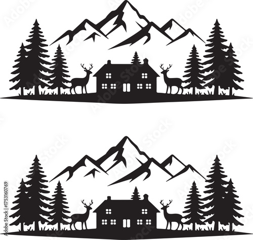 Wooden Log Cabin in Forest with Tall Pines and Mountain Landscape