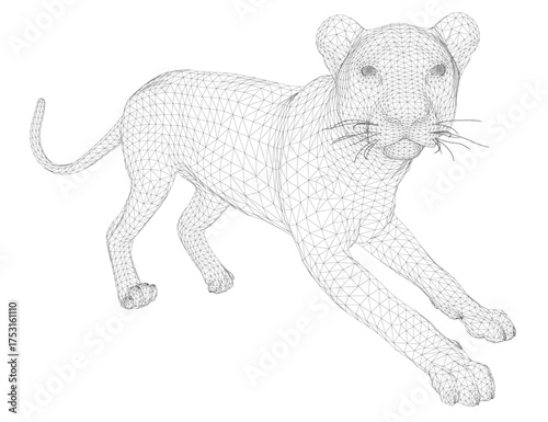 A fierce leopard wireframe model with realistic fur details, wide alert eyes. The 3D lioness illustration appears powerful on a clean white background.