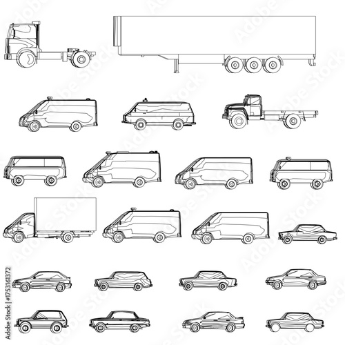 A set of various trucks and cars in black contour illustration on a clean white background. This collection includes different vehicle types for versatile design use.