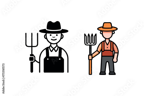 Farmer with pitchfork shown in color and as a dark silhouette