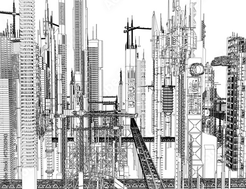 Futuristic city contour drawing in black and white features tall buildings and towers against a clean white background.