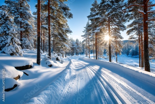 Cross country skiing track through sunny winter forest