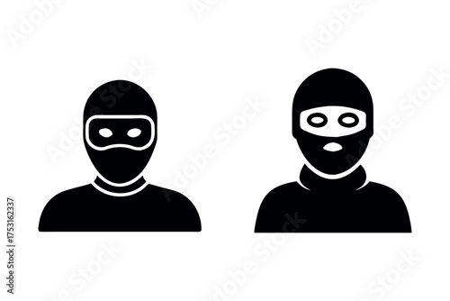 Two masked figures with distinct face coverings a dark graphic silhouette