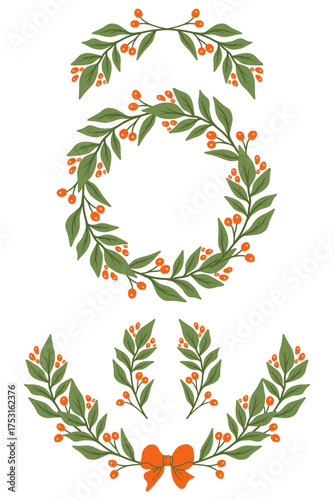 Set of Merry Christmas wreath mistletoe with red berries vector illustration isolated on white background.