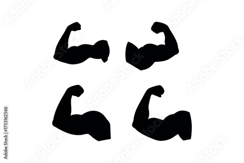 Four strong arms flexing depicted in a dark bold silhouette