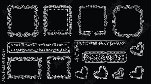 Vintage decorative frames and hearts, ornate white line art on black background, romantic lace border illustration for invitations and design