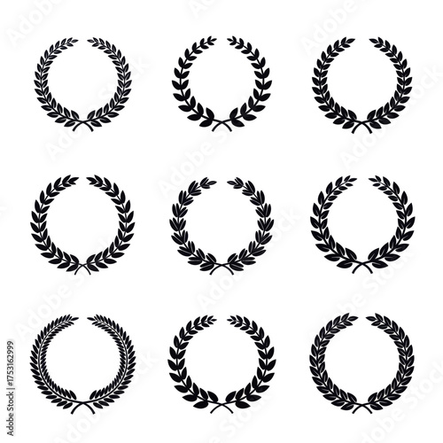 Set of black laurel wreath icons for awards and achievements
