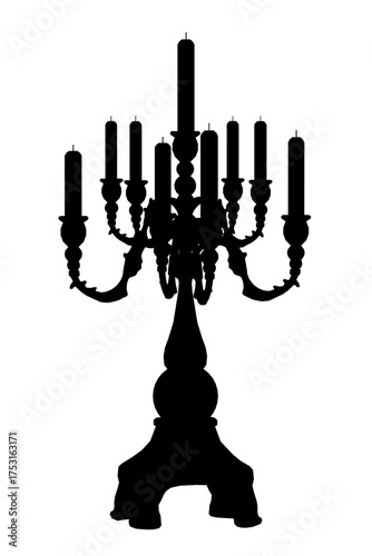 Vintage candlestick silhouette in black and white, featuring multiple candles on a decorative holder against a clean white background.
