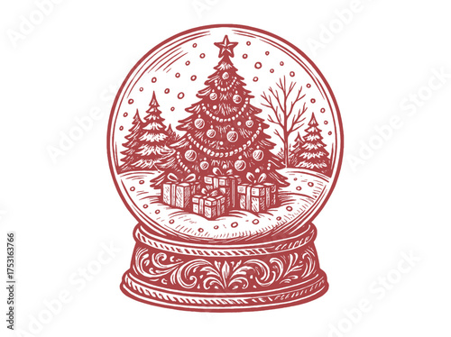 Christmas tree in snow globe vintage sketch vector illustration	