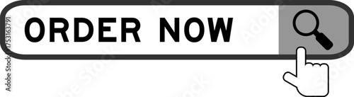 Search banner in word order now with hand over magnifier icon on white background