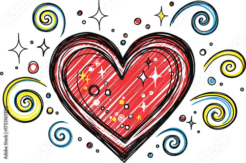 Colorful heart illustration with stars, sparkles, and swirls, red and white sketch on white background for love and celebration themes