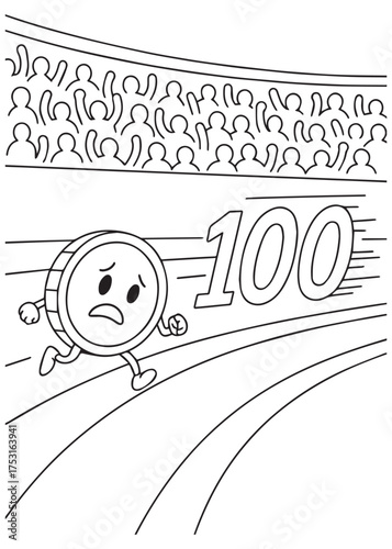 coloring book running coin character in stadium race track with number 100 showing inflation struggle in sports theme