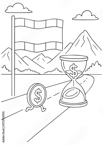 coloring book coin facing hourglass with dollar sign on racing track showing time and inflation challenge