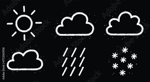 Chalk-style weather icons, sun, clouds, rain, and snow in white sketch on black background for UI, education, and design