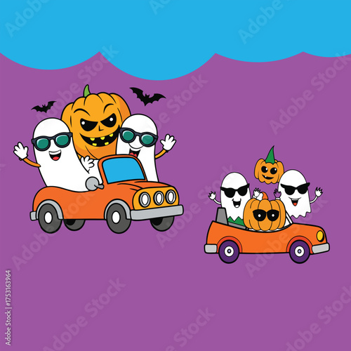 haloween and pumpkin riding a car