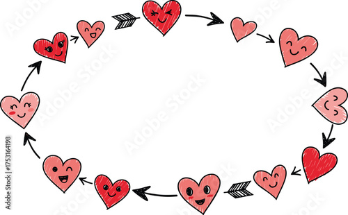 Cartoon heart expressions cycle, emotional love loop, cute hand-drawn faces, red pink hearts, playful romantic illustration on black background