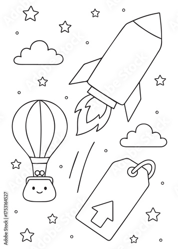 coloring book rocket and hot air balloon with price tag symbolizing fast rising inflation in sky